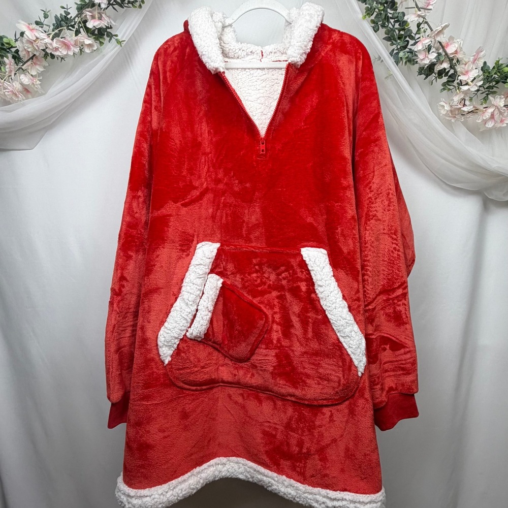 Red Sherpa Lined Oversized Wearable Blanket Hoodie Quarter Zip Fleece Pullover